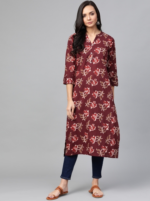 

Sangria Women Maroon & Rust Brown Indie Floral Printed Straight Kurta