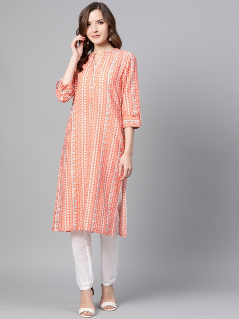

Sangria Women Coral Orange & White Printed Straight Kurta