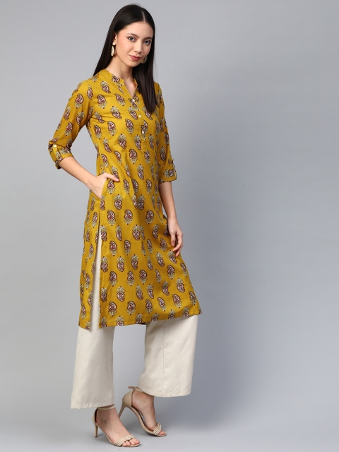 

Sangria Women Mustard Yellow & Maroon Printed Straight Kurta