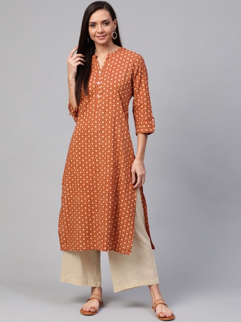 

Sangria Women Rust Orange & Beige Floral Print Straight Kurta