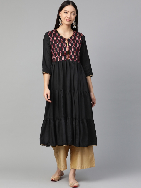 

Sangria Women Black & Golden Printed Yoke Design Tiered Anarkali Kurta