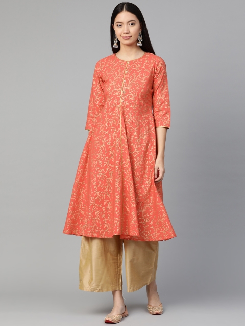 

Sangria Women Coral Red & Golden Printed A-Line Kurta