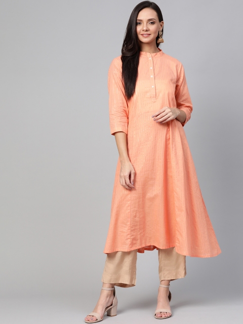 

Sangria Women Peach-Coloured & Golden Striped A-Line Kurta