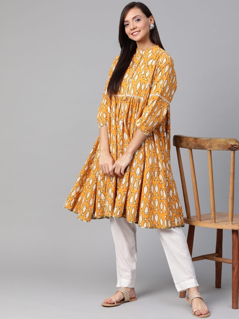 

Sangria Women Mustard Yellow & Off-White Quirky Hand Block Print Anarkali Sustainable Kurta