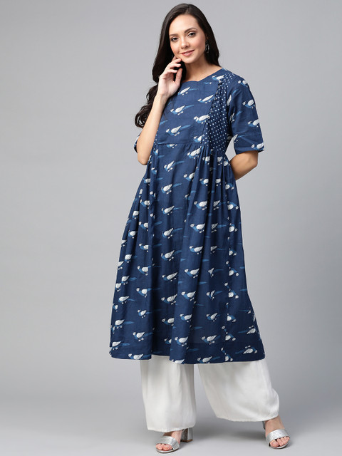 

Sangria Women Navy Blue & White Bird Print A-Line Kurta