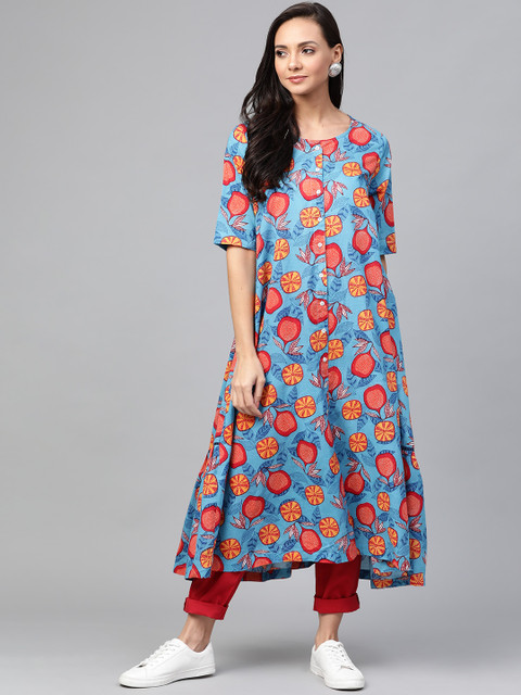 

Sangria Women Blue & Orange Quirky Print A-Line Kurta