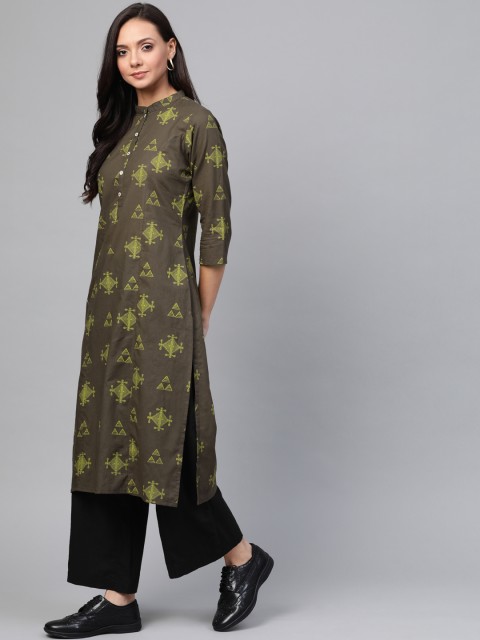 

Sangria Women Charcoal Grey & Green Indie Block Printed Straight Kurta