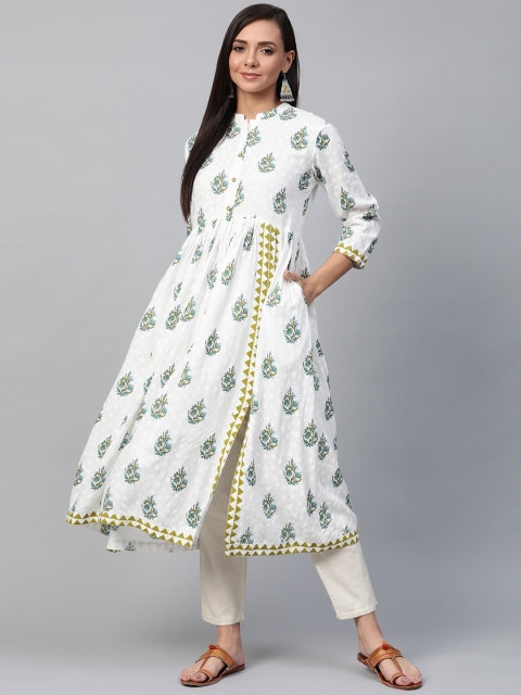 

Sangria Women Off-White & Green Printed A-Line Kurta