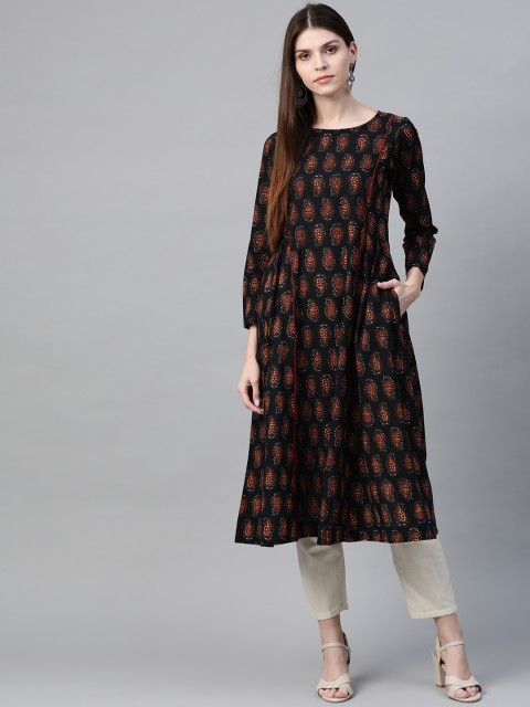 

Sangria Women Black & Rust Orange Printed Anarkali Kurta