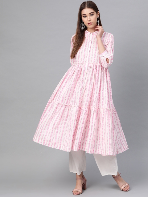 

Sangria Women White & Pink Ethnic Printed Tiered Anarkali Kurta