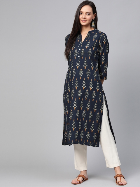 

Sangria Women Navy Blue & Mustard Yellow Printed Straight Kurta