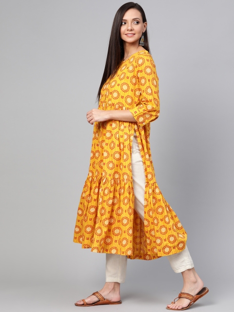 

Sangria Women Mustard Yellow & Rust Red Printed Tiered A-Line Kurta