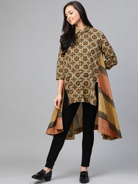 

Sangria Women Beige & Maroon Bagru Printed A-Line Asymmetric Sustainable Kurta