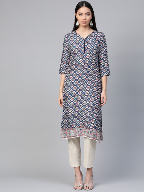 

Sangria Women Blue & White Indie Printed Straight Kurta