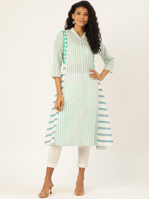 

Sangria Women White & Green Printed A-Line Kurta