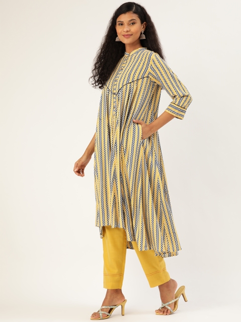 

Sangria Women Mustard Yellow & Navy Blue Chevron Printed Anarkali Kurta