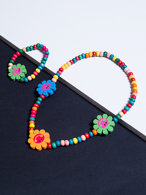 

Golden Peacock Girls Pink & Green Flower Shaped Beaded Jewellery Set