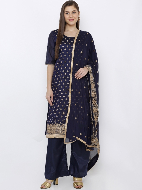 

SALWAR STUDIO Navy Blue & Gold-Toned Cotton Blend Unstitched Dress Material