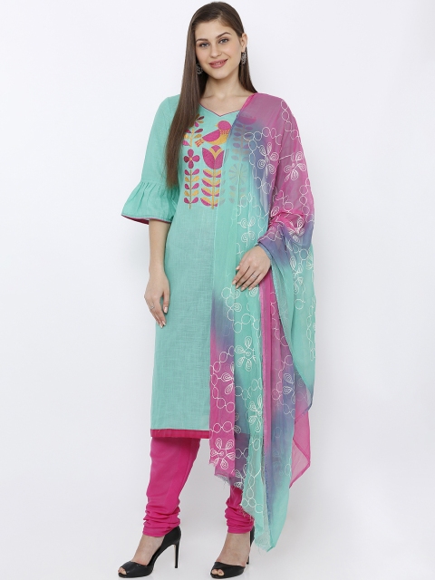 

SALWAR STUDIO Sea Green & Pink Pure Cotton Unstitched Dress Material