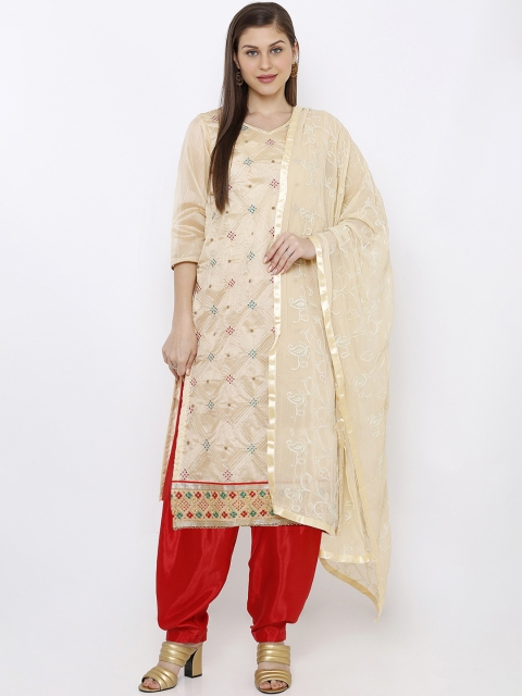 

SALWAR STUDIO Beige & Orange Cotton Blend Unstitched Dress Material