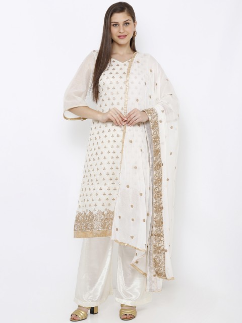 

SALWAR STUDIO White & Gold-Coloured Cotton Blend Unstitched Dress Material
