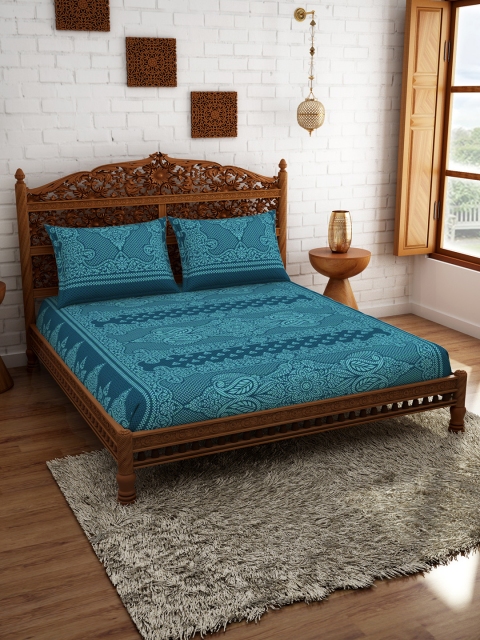 

SPACES Turquoise Blue Ethnic Motifs 210 TC Cotton 1 Queen Bedsheet with 2 Pillow Covers