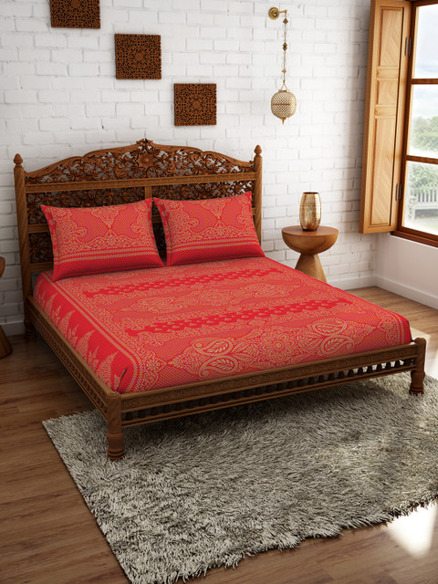 

SPACES Red & Beige Ethnic Motifs 210 TC Cotton 1 Queen Bedsheet with 2 Pillow Covers