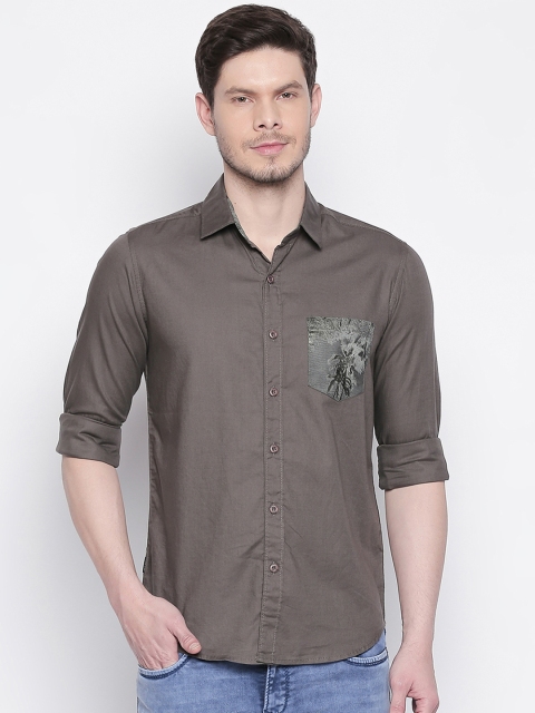 

Mufti Men Olive Green Slim Fit Striped Casual Shirt