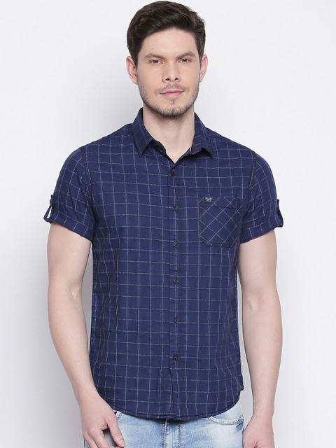 

Mufti Men Navy Blue Slim Fit Checked Casual Shirt