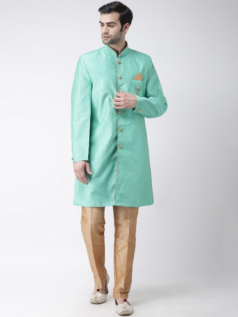 

SG LEMAN Men Sea Green & Brown Silk Sherwani Set