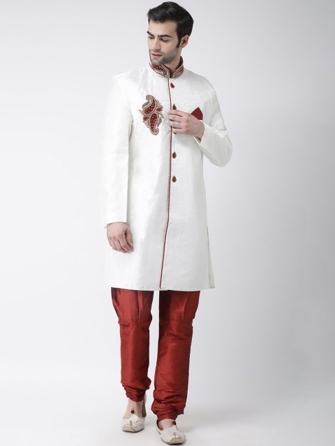 

SG LEMAN Men White & Maroon Embellished Silk Sherwani Set