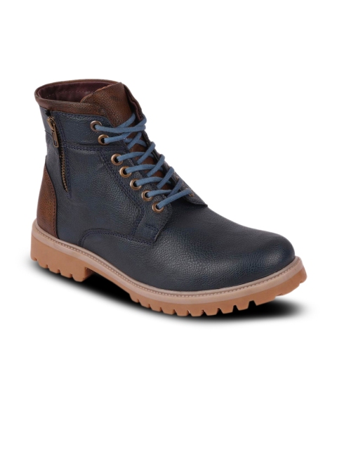 

FAUSTO Men Navy Blue & Brown Colourblocked Synthetic High-Top Flat Boots