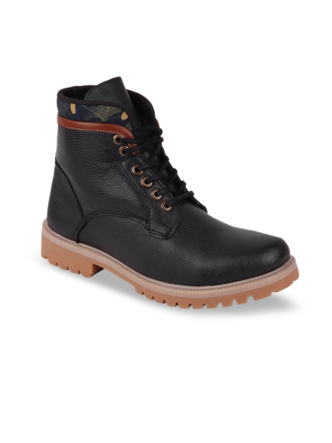 

FAUSTO Men Black Solid Leather High-Top Flat Boots
