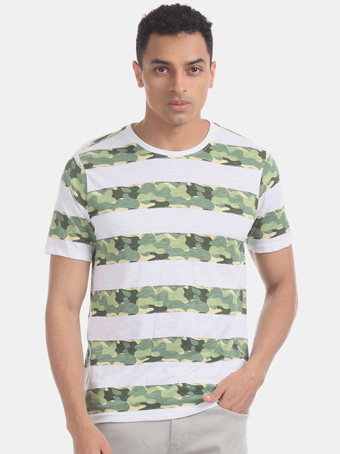 

Cherokee Men White Green Camouflage Round Neck Pure Cotton T-shirt