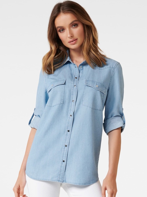 

Forever New Women Blue Solid Formal Denim Shirt