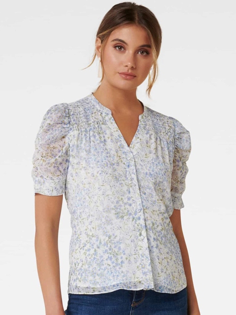

Forever New Women Off-White & Blue Printed Shirt Style Top