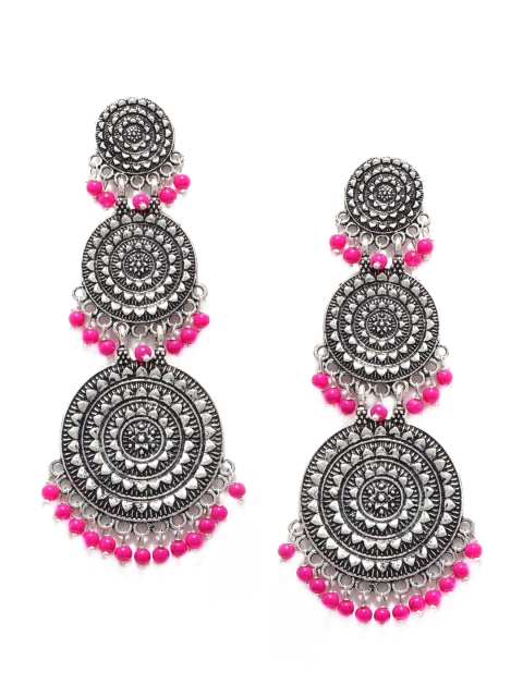 

Fabstreet Silver-Plated & Pink Oxidised Circular Drop Earrings