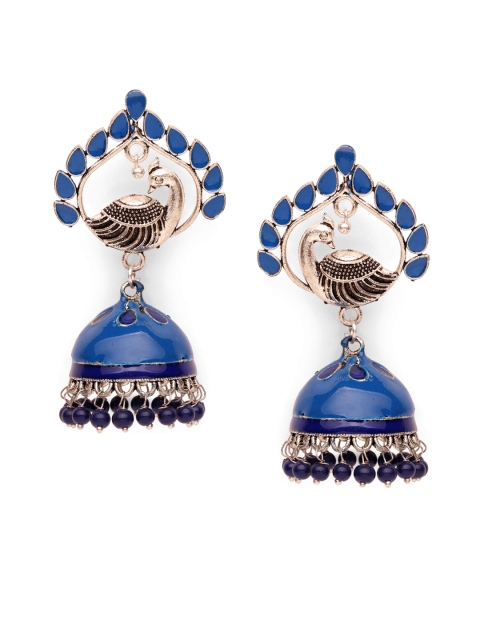 

Fabstreet Blue & Silver-Plated Peacock Shaped Jhumkas