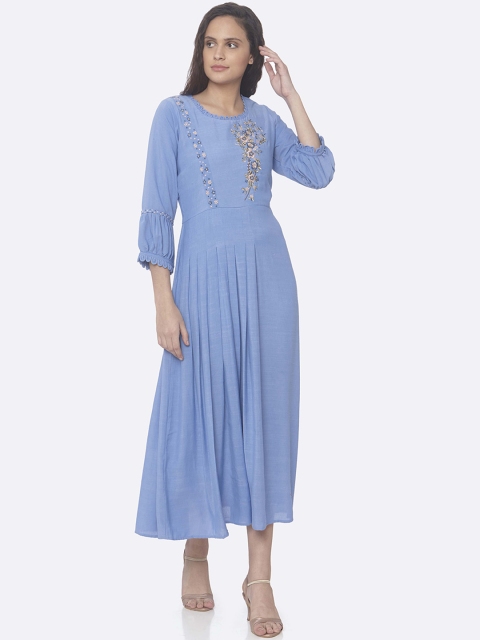 

RAISIN Women Blue Embroidered A-Line Dress