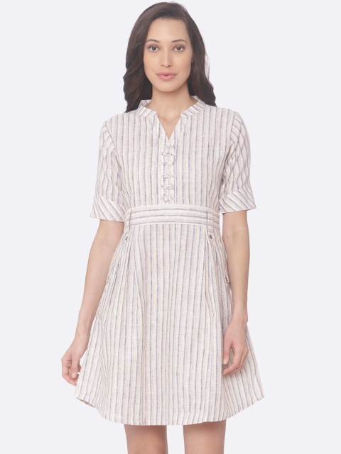 

RAISIN Women Cream-Coloured Striped Fit and Flare Dress