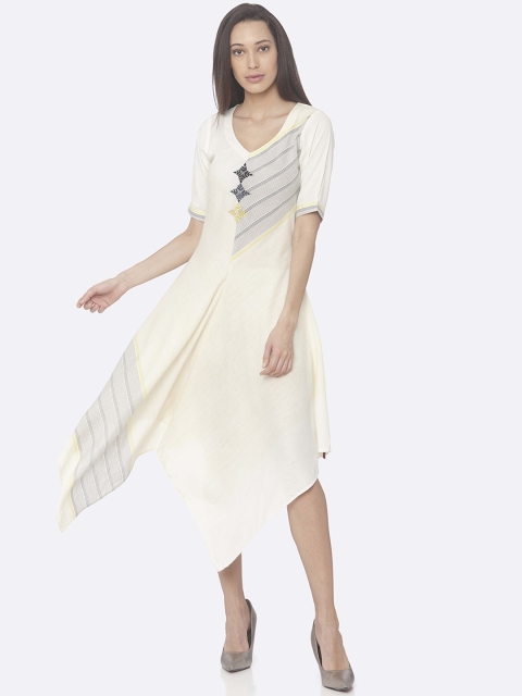 

RAISIN Women Yellow & Grey Striped Fit and Flare Dress