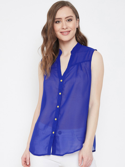

CHROME & CORAL Women Blue Solid Shirt Style Top