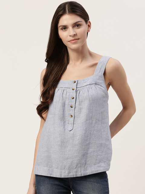 

Marks & Spencer Women Blue Linen Chambray Solid Top