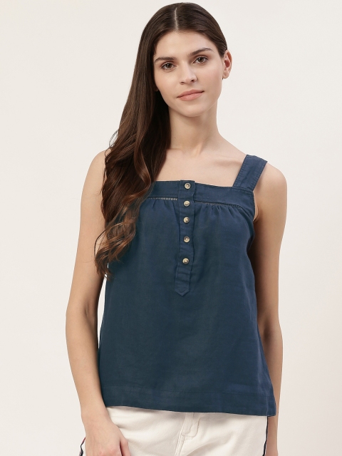 

Marks & Spencer Women Navy Blue Linen Solid Top