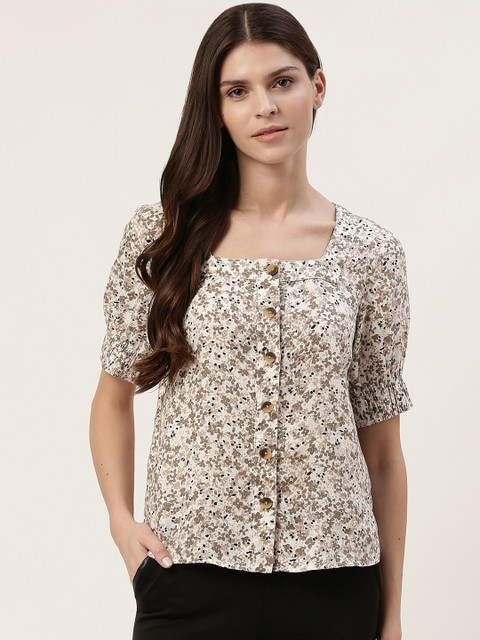 

Marks & Spencer Women Linen Off-White & Olive Green Micro Ditsy Floral Print Top