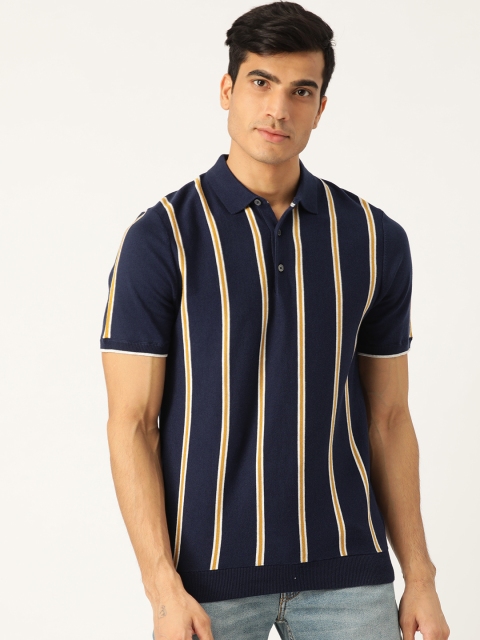 

Marks & Spencer Men Navy Blue & Mustard Yellow Striped Polo Collar T-shirt