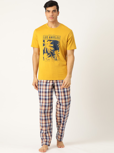 

Marks & Spencer Men Mustard Yellow & Navy Blue Printed Night suit