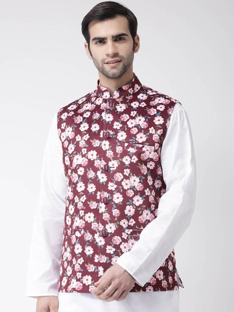 

SG LEMAN Men Maroon & Pink Floral Printed Satin Nehru Jacket