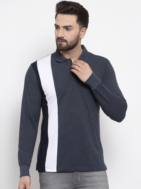 

Kalt Men Blue & White Colourblocked Polo Collar T-shirt