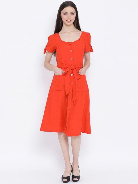 

Oxolloxo Women Orange Solid Fit and Flare Dress